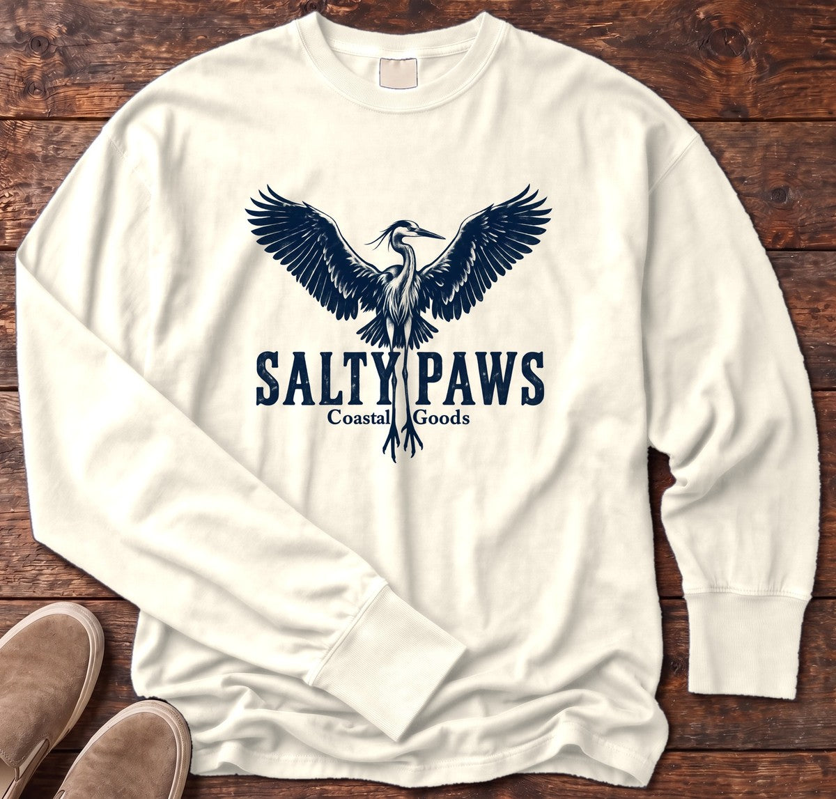 Rising Heron Salty Paws Coastal Goods Long Sleeve Tee in Ivory, Salty Paws Comfort Colors Long Sleeve Tee, front design flat lay