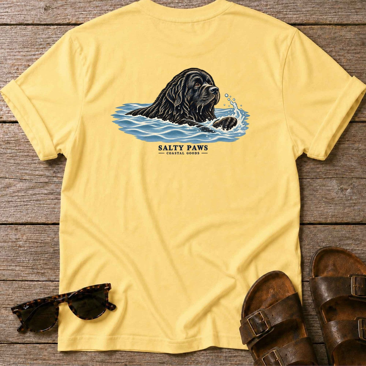 Swimming Newfoundland Back Design T-Shirt in Daisy, Salty Paws T-Shirt, back design flat lay