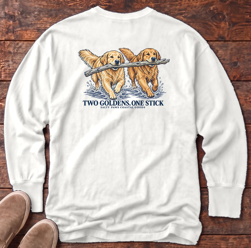 Two Goldens One Stick Back Design Long Sleeve Tee in White, Salty Paws Comfort Colors long sleeve tee