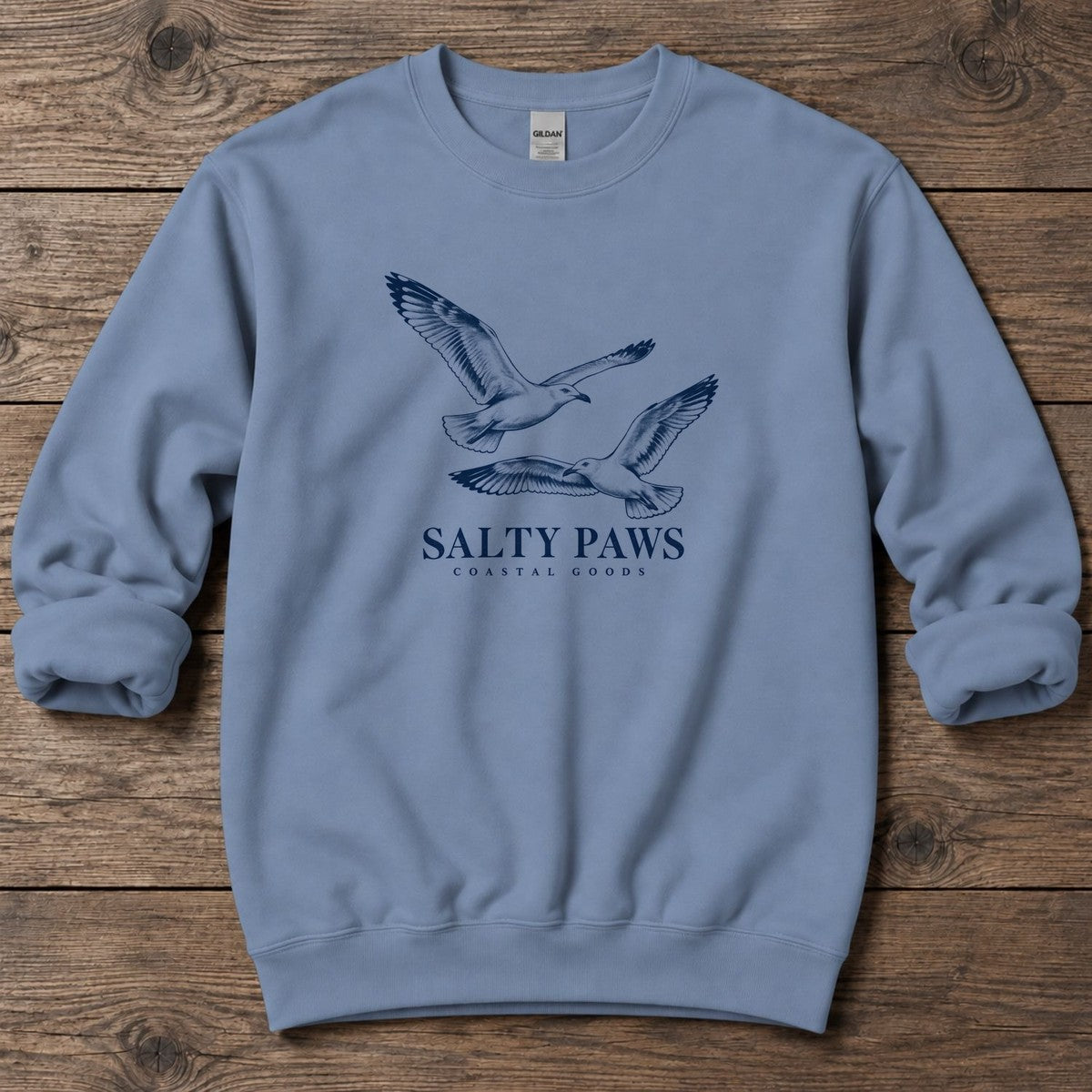 Gull Flight Coastal Goods Midweight Sweatshirt in Stone Blue, Salty Paws Midweight Sweatshirt, front design flat lay