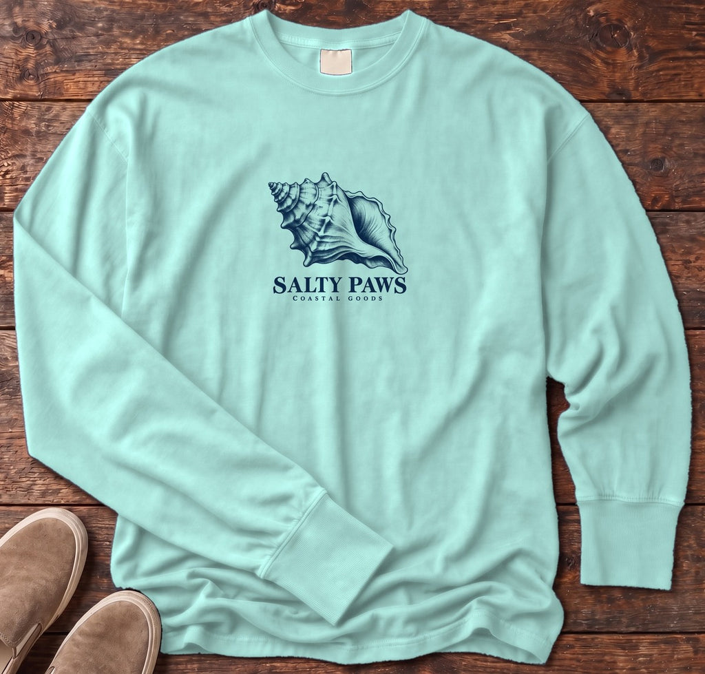 Conch Shell Long Sleeve Tee in Chalky Mint, Salty Paws Comfort Colors Long Sleeve Tee, front design flat lay