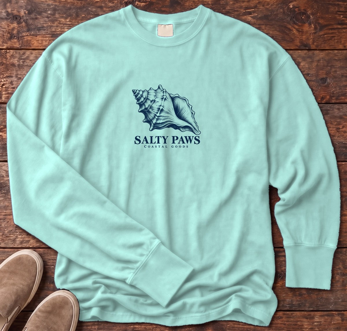 Conch Shell Long Sleeve Tee in Chalky Mint, Salty Paws Comfort Colors Long Sleeve Tee, front design flat lay