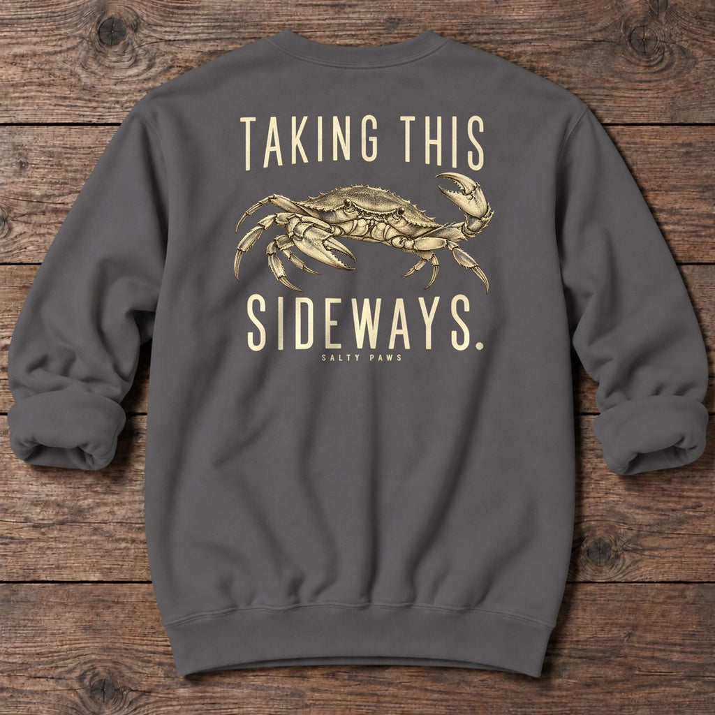 Taking This Sideways Crab Back Design Midweight Sweatshirt in Charcoal, Salty Paws Midweight Sweatshirt, back design flat lay