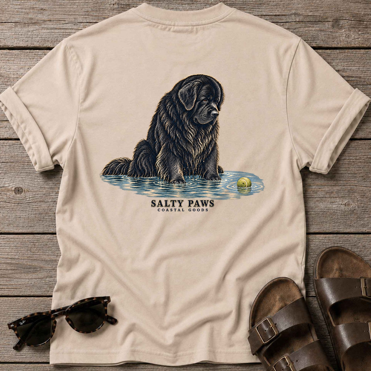 Newfoundland Ball Back Design T-Shirt in Sand, Salty Paws T-Shirt, back design flat lay
