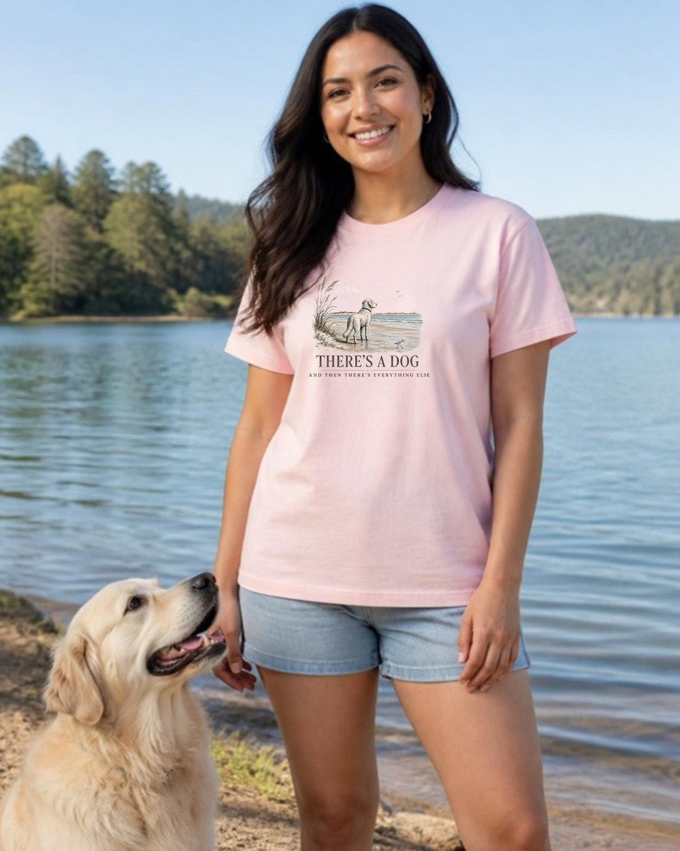 There's a Dog and Everything Else Comfort Colors T-Shirt in Blossom, worn by a model