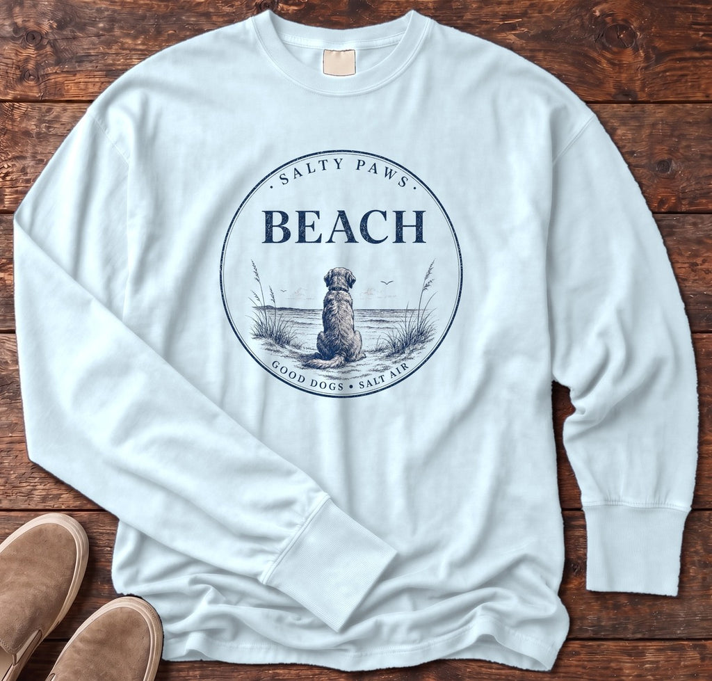 Beach Good Dogs Salt Air Long Sleeve Tee in Chambray, Salty Paws Comfort Colors long sleeve tee