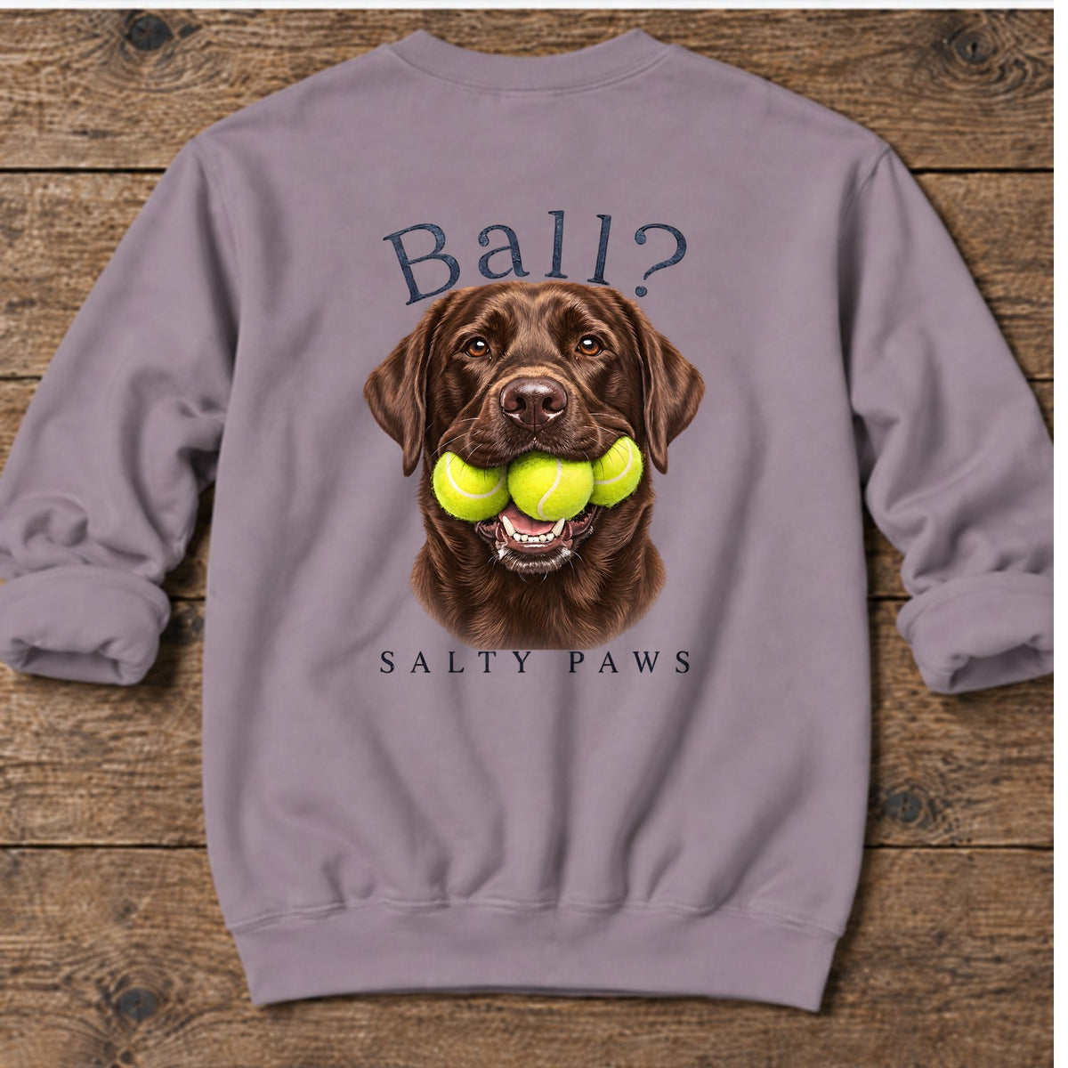 Ball? Chocolate Lab Back Design Midweight Sweatshirt in Paragon, back design flat lay