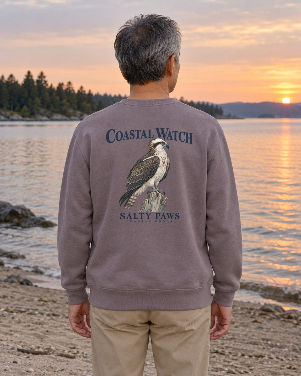 Coastal Watch Osprey Salty Paws Coastal Goods Back Design Midweight Sweatshirt in Paragon worn by a model, Salty Paws Midweight Sweatshirt