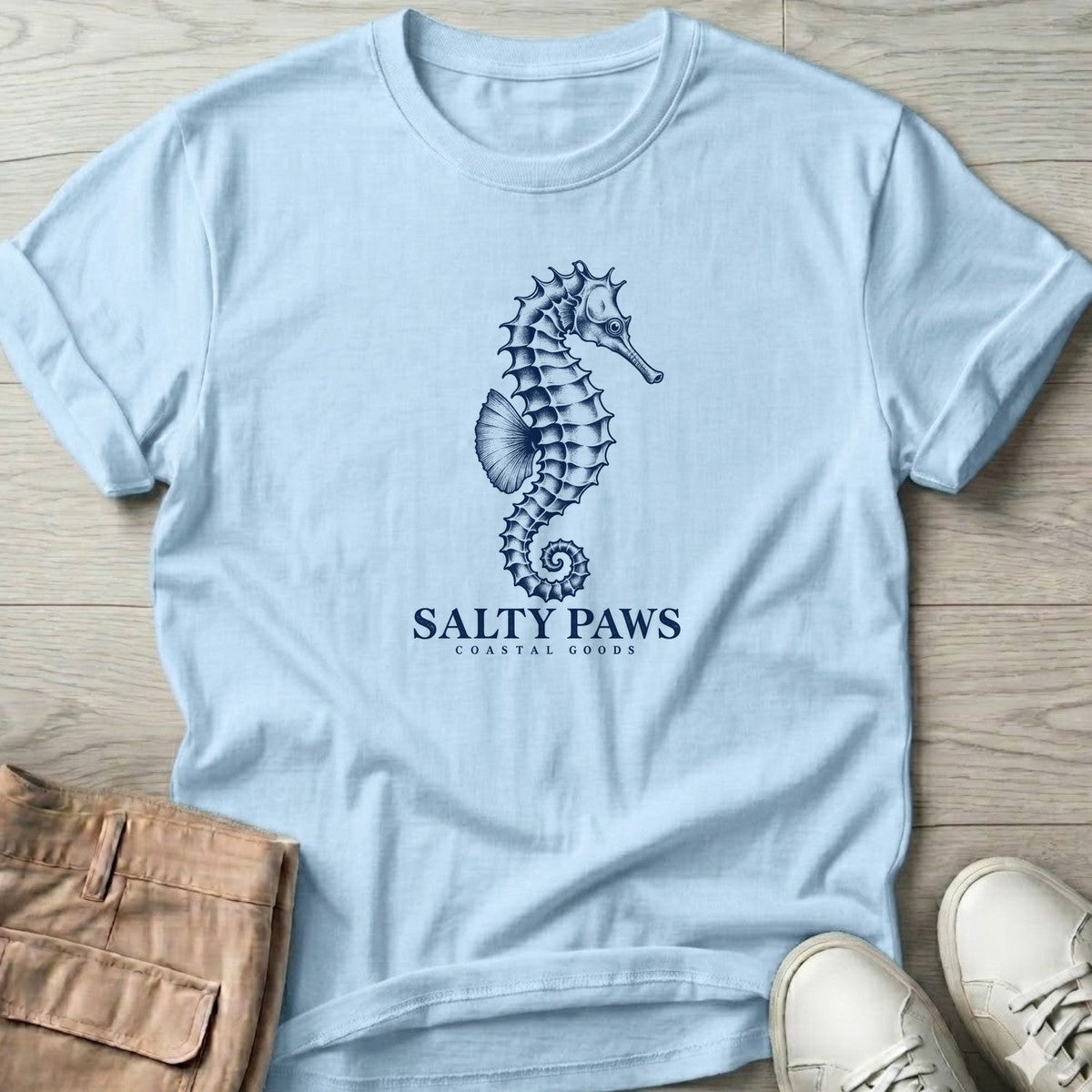 Seahorse Coastal Goods T-Shirt in Light Blue, Salty Paws T-Shirt, front design flat lay