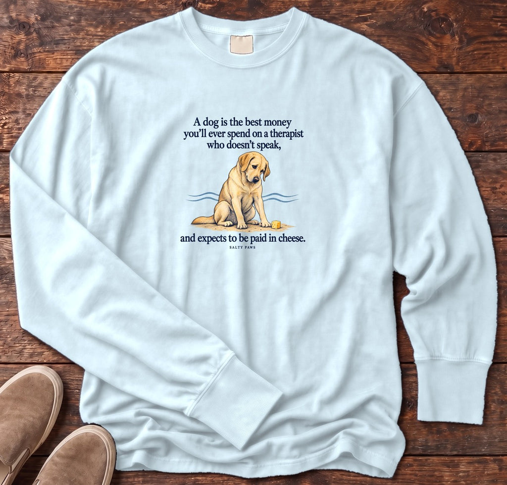 Paid in Cheese Yellow Lab Long Sleeve Tee in Chambray, Salty Paws Comfort Colors Long Sleeve Tee, front design flat lay