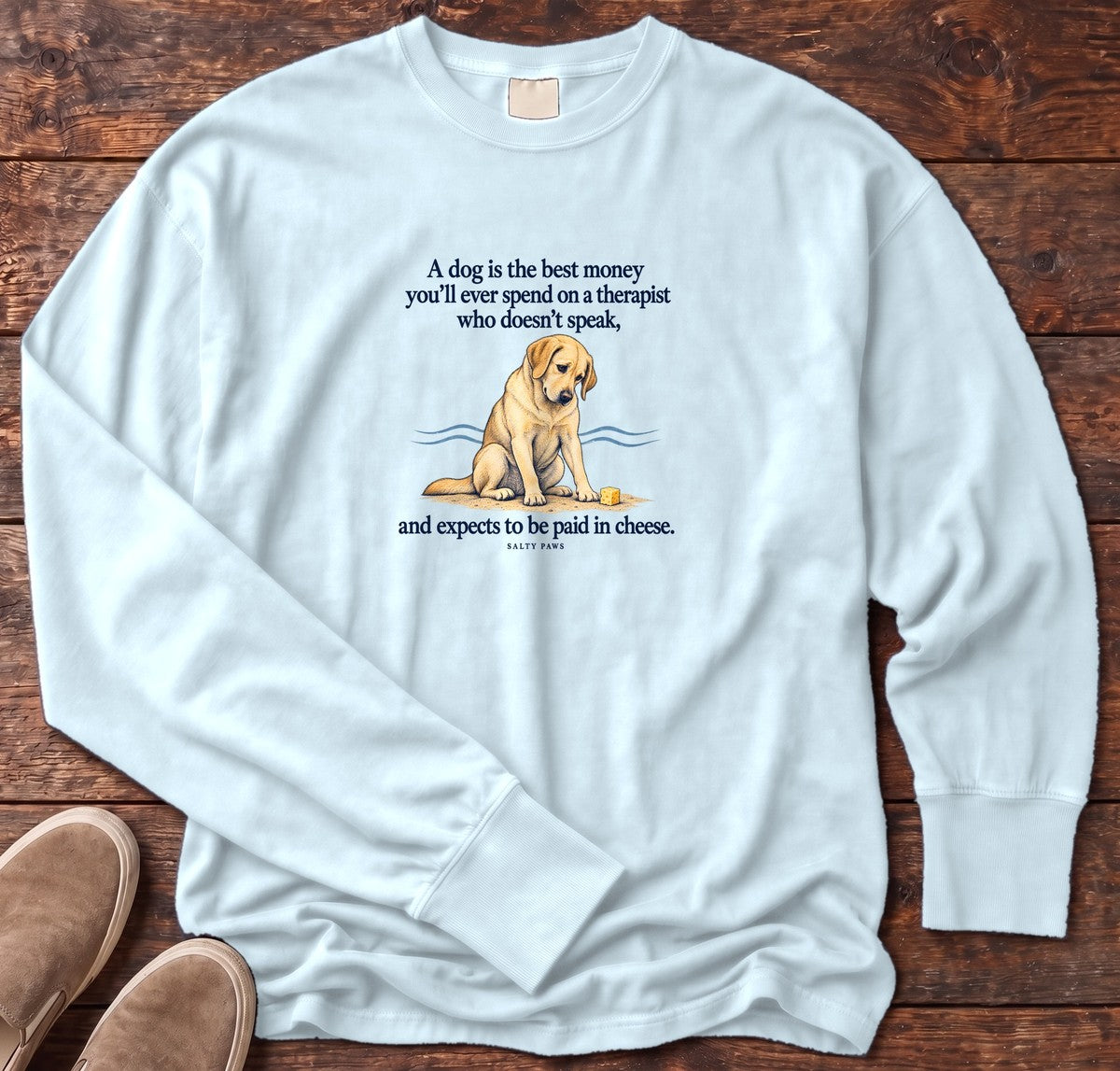Paid in Cheese Yellow Lab Long Sleeve Tee in Chambray, Salty Paws Comfort Colors Long Sleeve Tee, front design flat lay