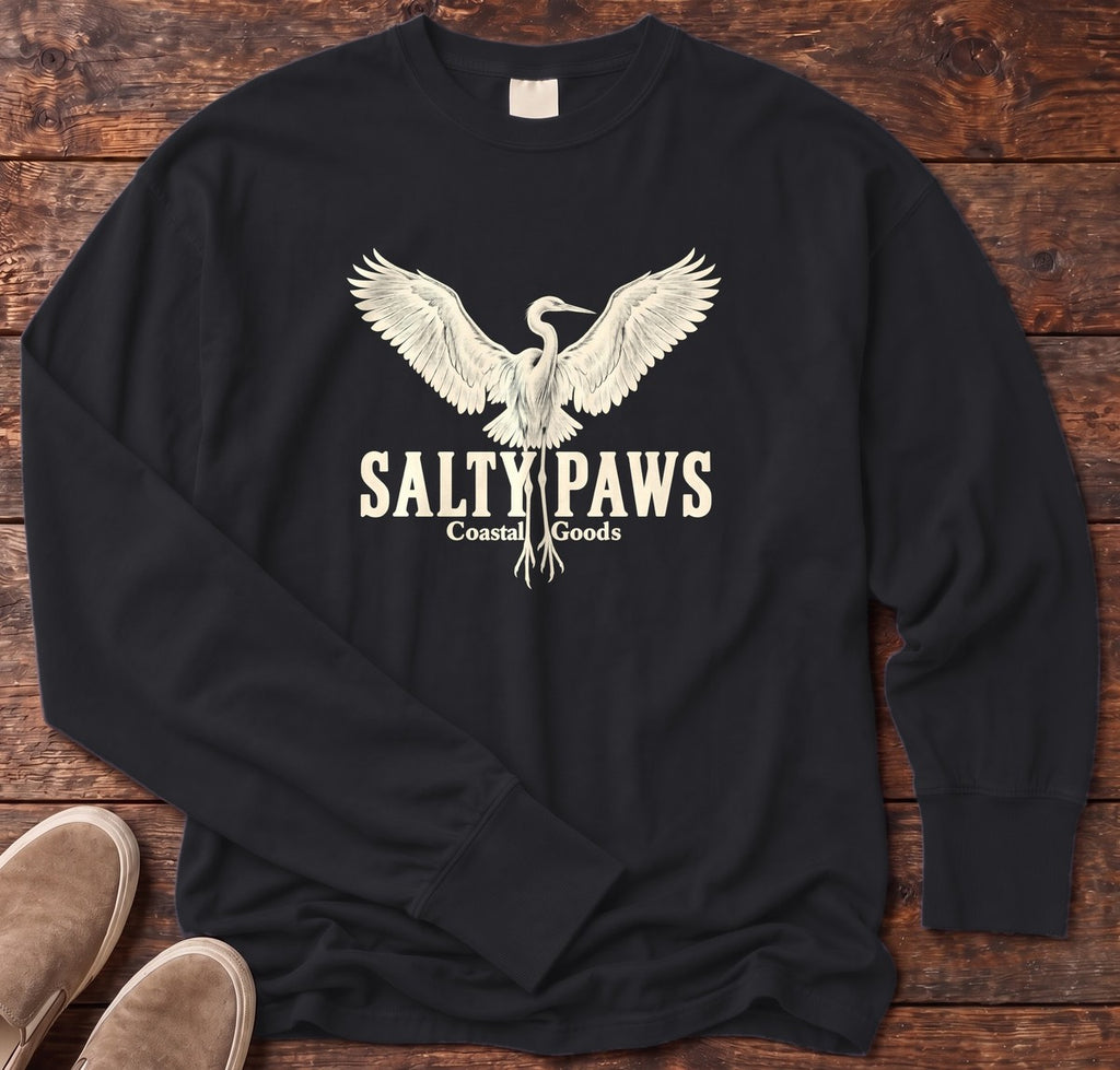 Rising Egret Salty Paws Coastal Goods Long Sleeve Tee in Black, Salty Paws Comfort Colors Long Sleeve Tee, front design flat lay