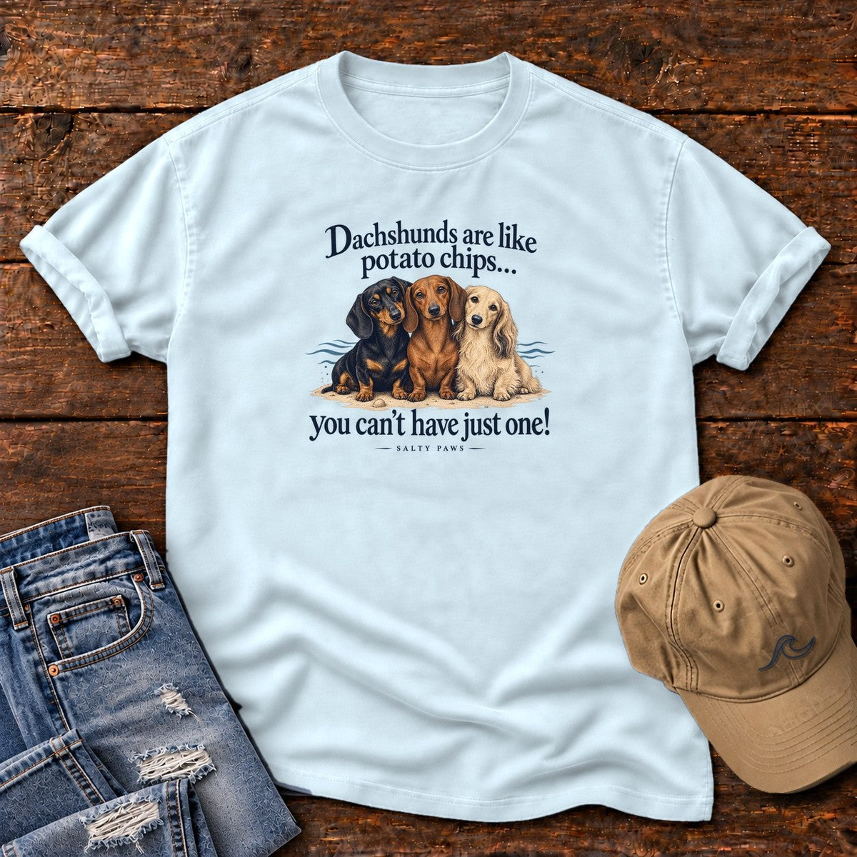 Dachshunds Are Like Potato Chips T-Shirt in Chambray, Salty Paws Comfort Colors T-Shirt, front design flat lay