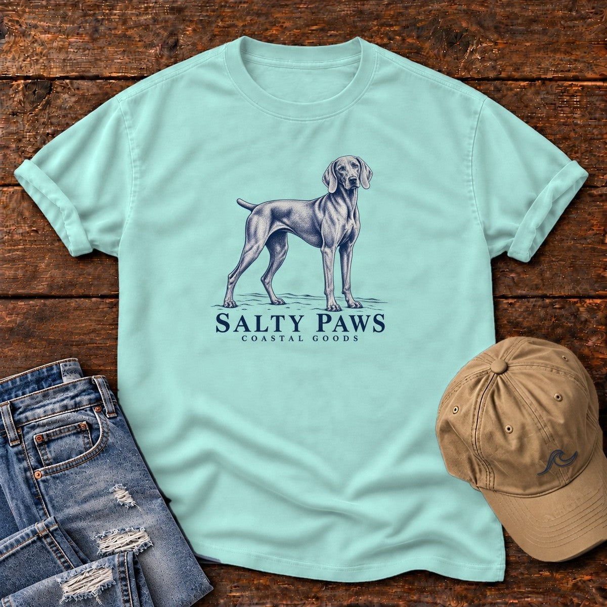Weimaraner Coastal Goods T-Shirt in Chalky Mint, Salty Paws Comfort Colors T-Shirt, front design flat lay