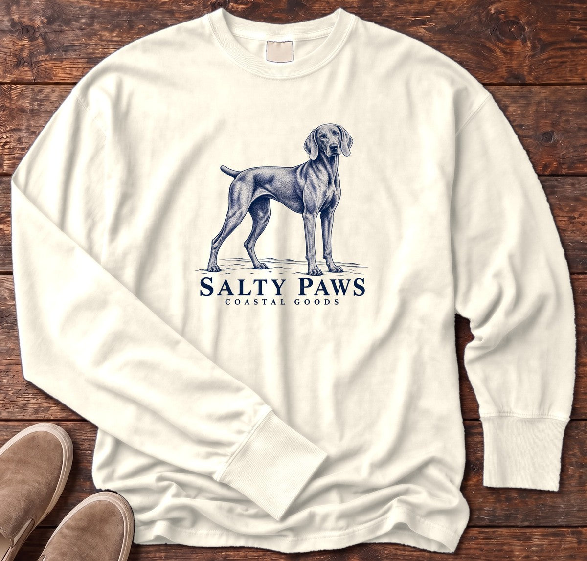 Weimaraner Coastal Goods Long Sleeve Tee in Ivory, Salty Paws Comfort Colors Long Sleeve Tee, front design flat lay