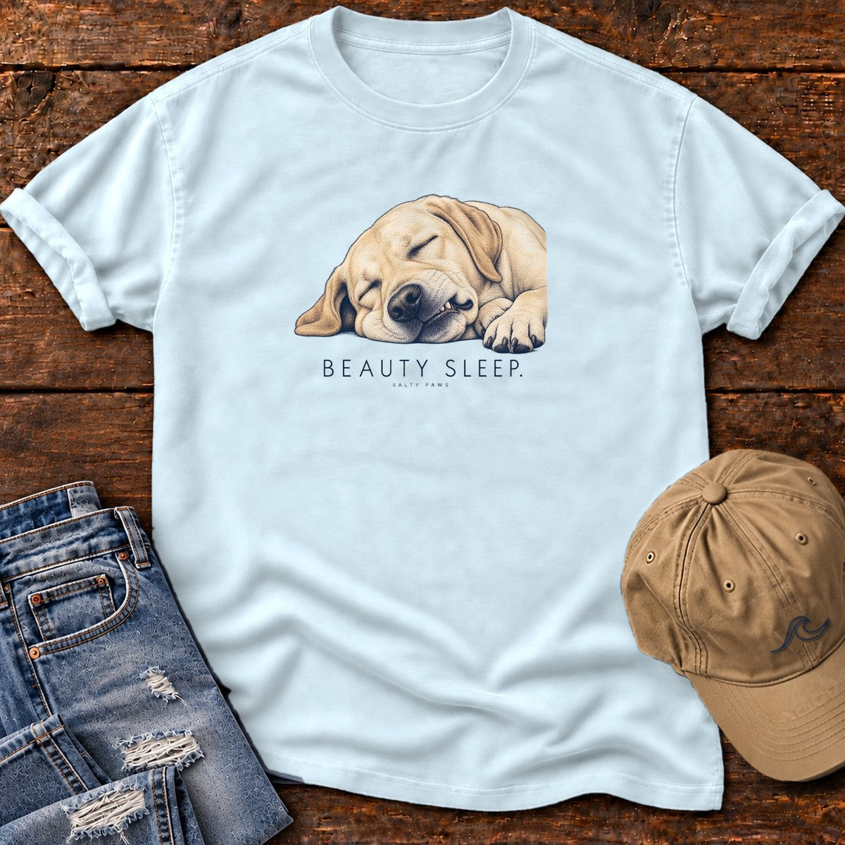 Beauty Sleep Labrador T-Shirt in Chambray, Salty Paws Comfort Colors T-Shirt, front design flat lay