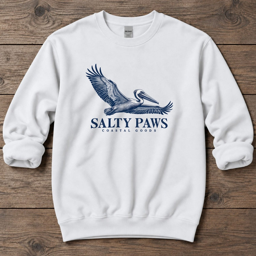 Gliding Pelican Coastal Goods Midweight Sweatshirt in White, Salty Paws Midweight Sweatshirt, front design flat lay