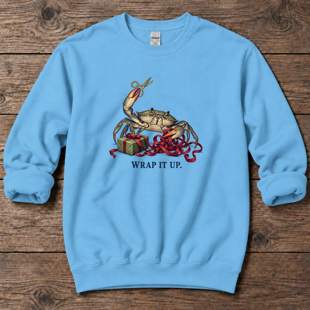 Wrap It Up Crab Midweight Sweatshirt in Sky, Salty Paws Midweight Sweatshirt, front design flat lay