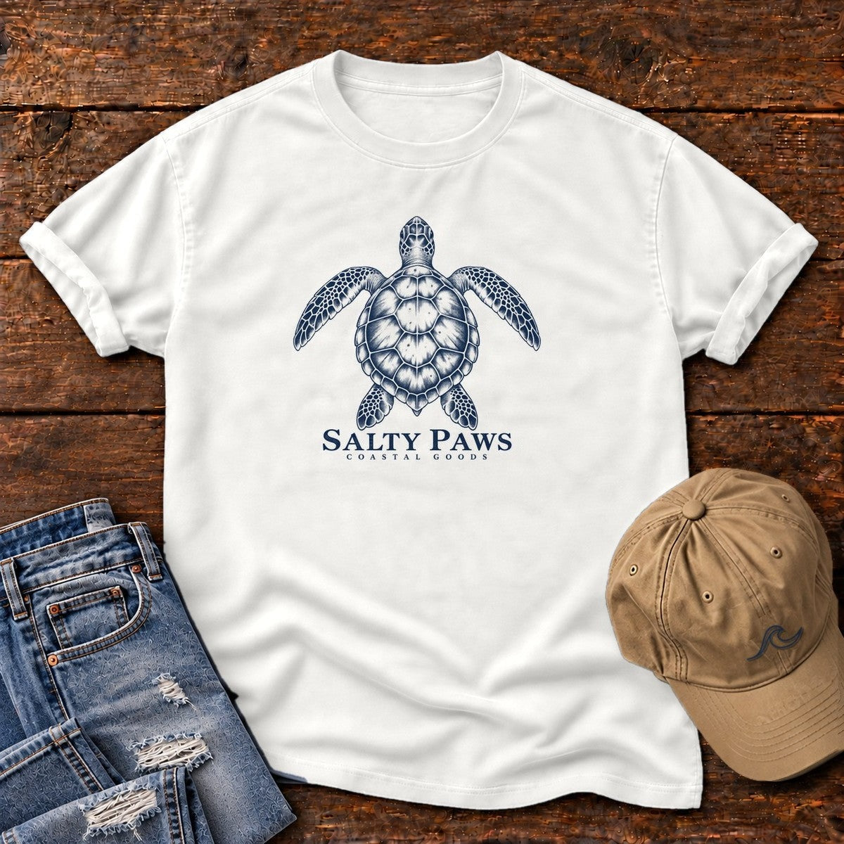Sea Turtle Coastal Goods T-Shirt in White, Salty Paws Comfort Colors T-Shirt, front design flat lay