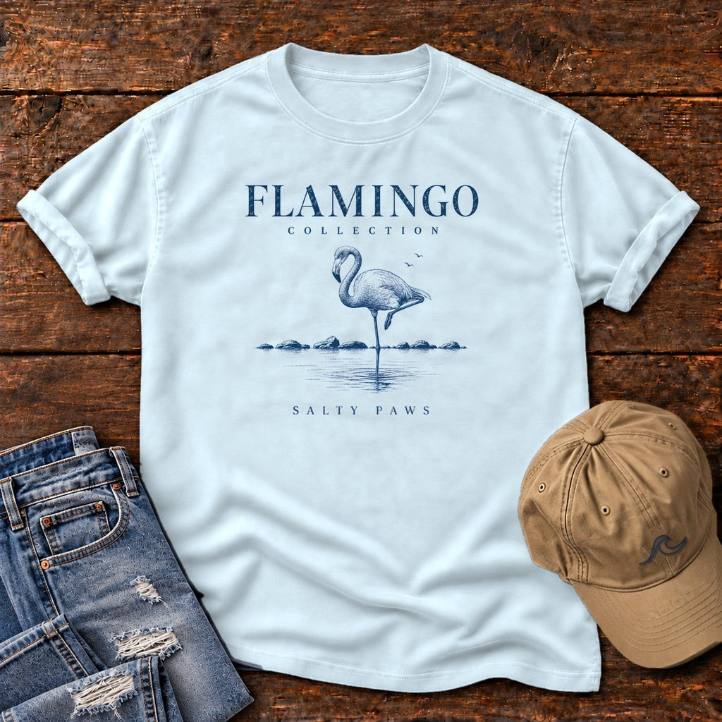 Flamingo Collection Comfort Colors T-Shirt in Chambray, front design flat lay
