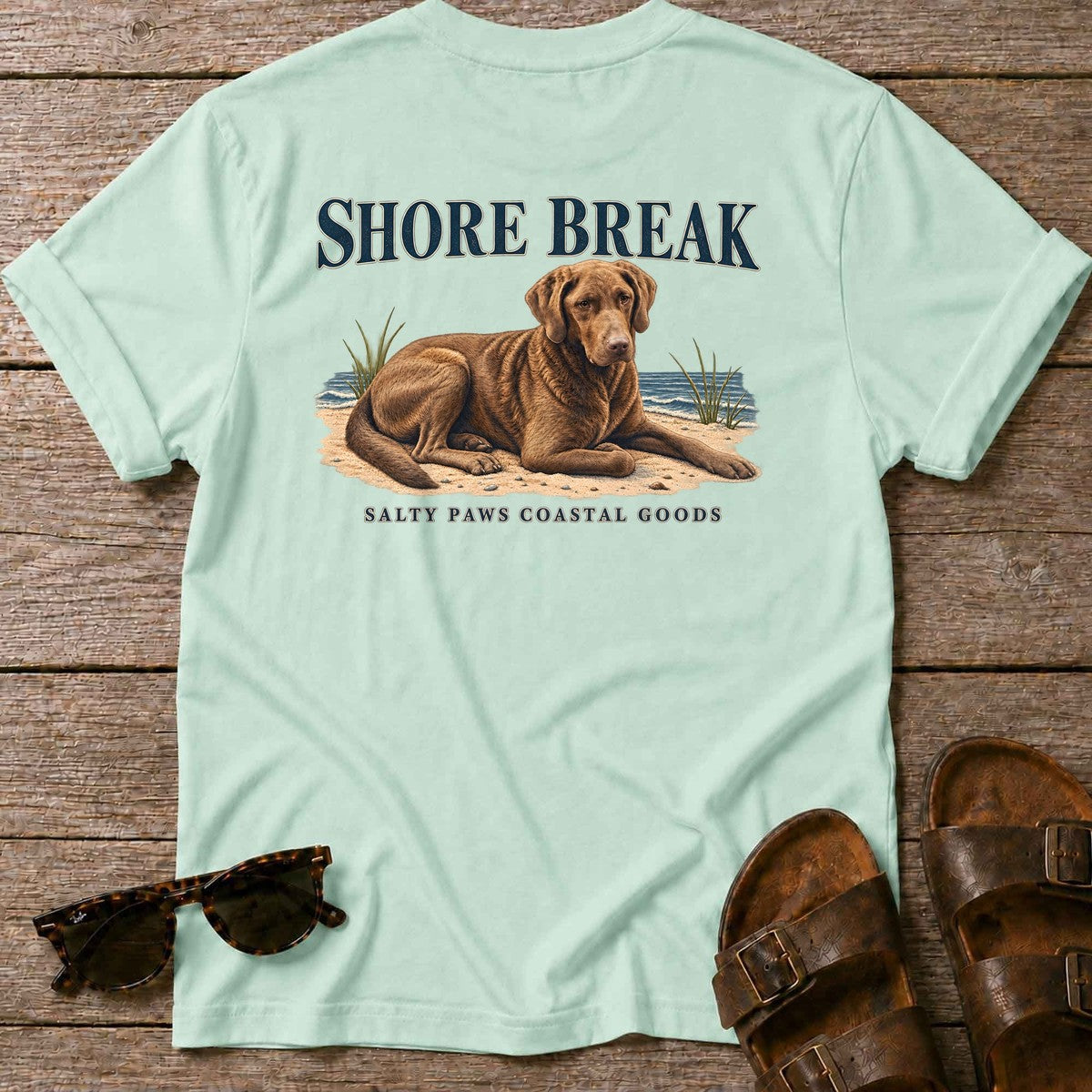 Shore Break Chesapeake Bay Retriever Back Design T-Shirt in Mint Green, Salty Paws coastal t-shirt