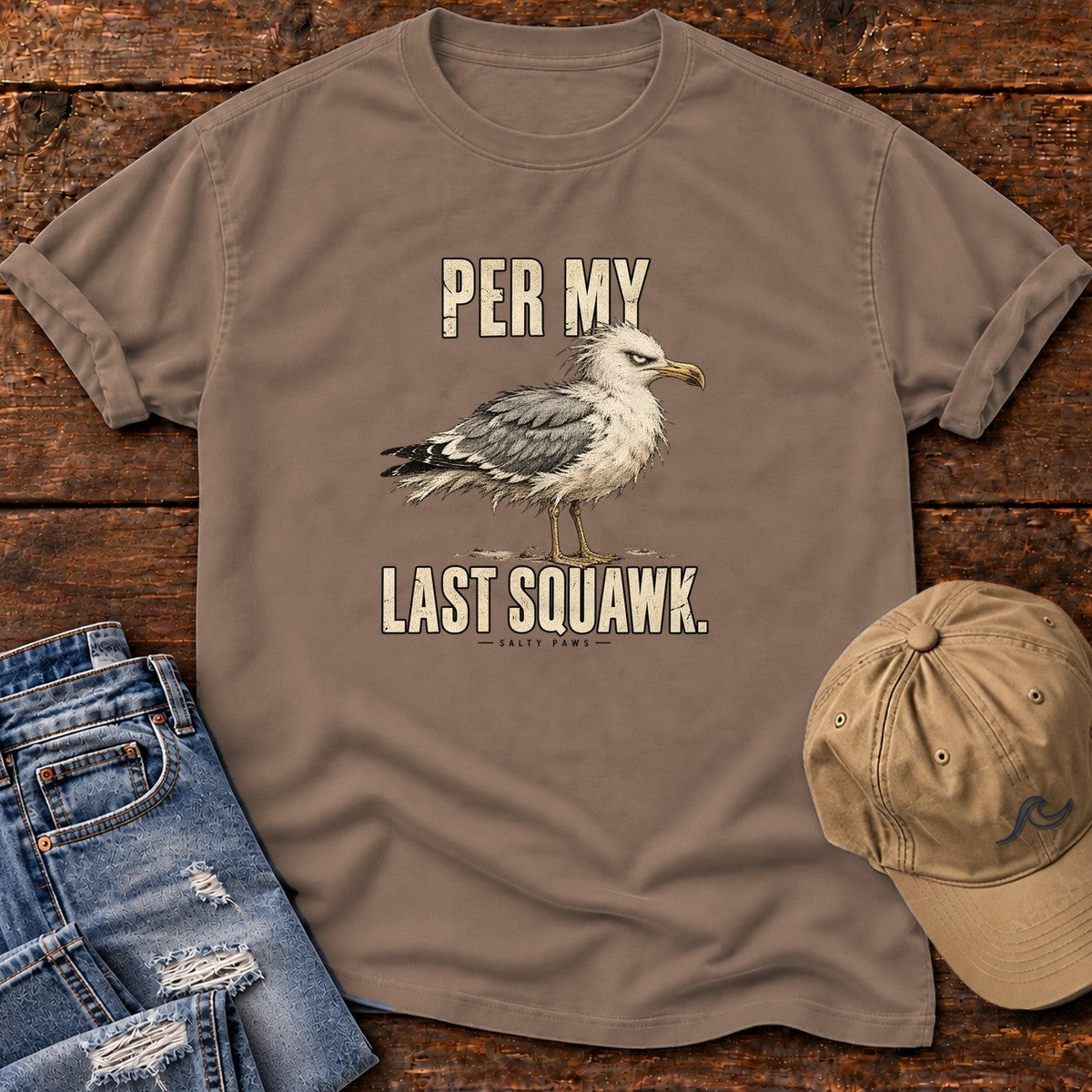 Per My Last Squawk Seagull T-Shirt in Espresso, Salty Paws Comfort Colors T-Shirt, front design flat lay