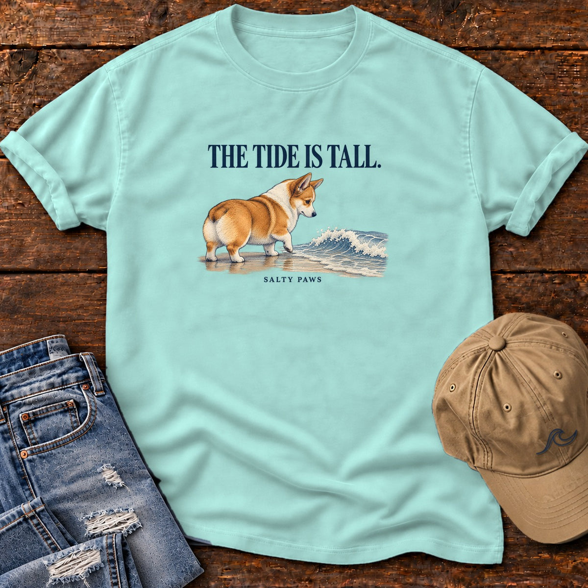 The Tide Is Tall Corgi T-Shirt in Chalky Mint, Salty Paws Comfort Colors T-Shirt, front design flat lay