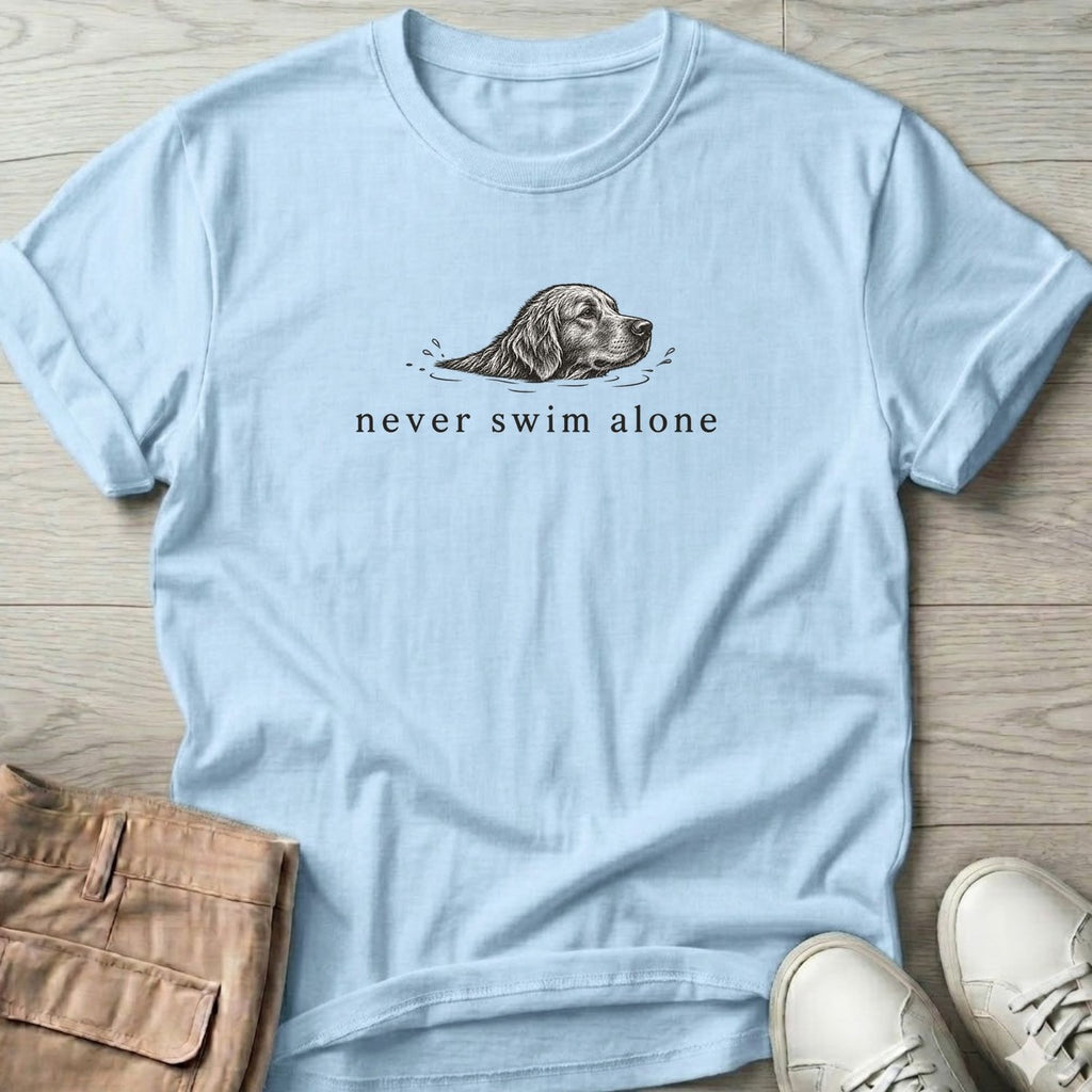 Never Swim Alone Golden Dog T-Shirt in Light Blue