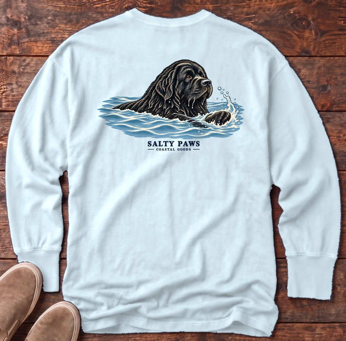 Swimming Newfoundland Back Design Long Sleeve Tee in Chambray, Salty Paws Comfort Colors Long Sleeve Tee, back design flat lay