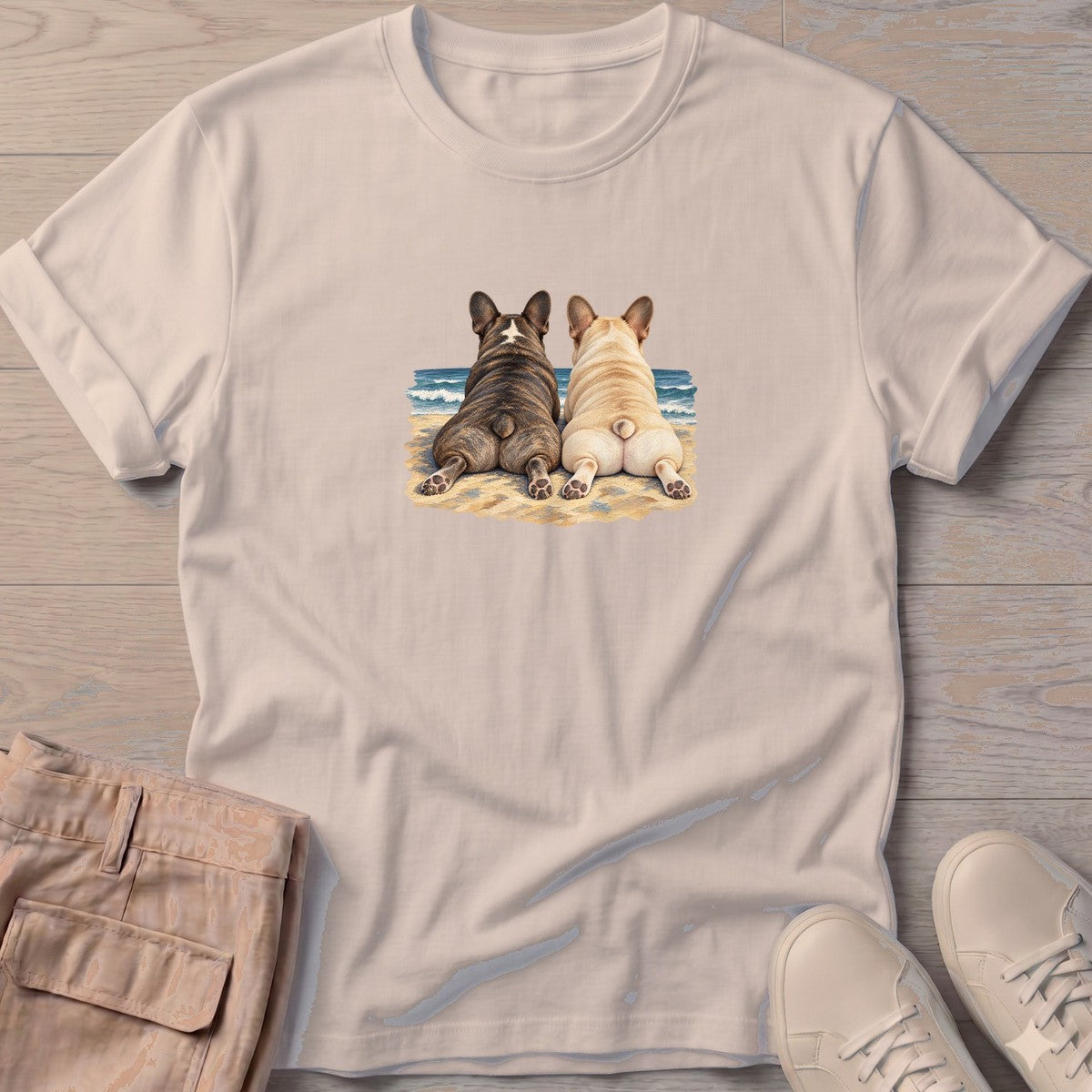 Two French Bulldogs at the Ocean T-Shirt in Sand, Salty Paws T-Shirt, front design flat lay
