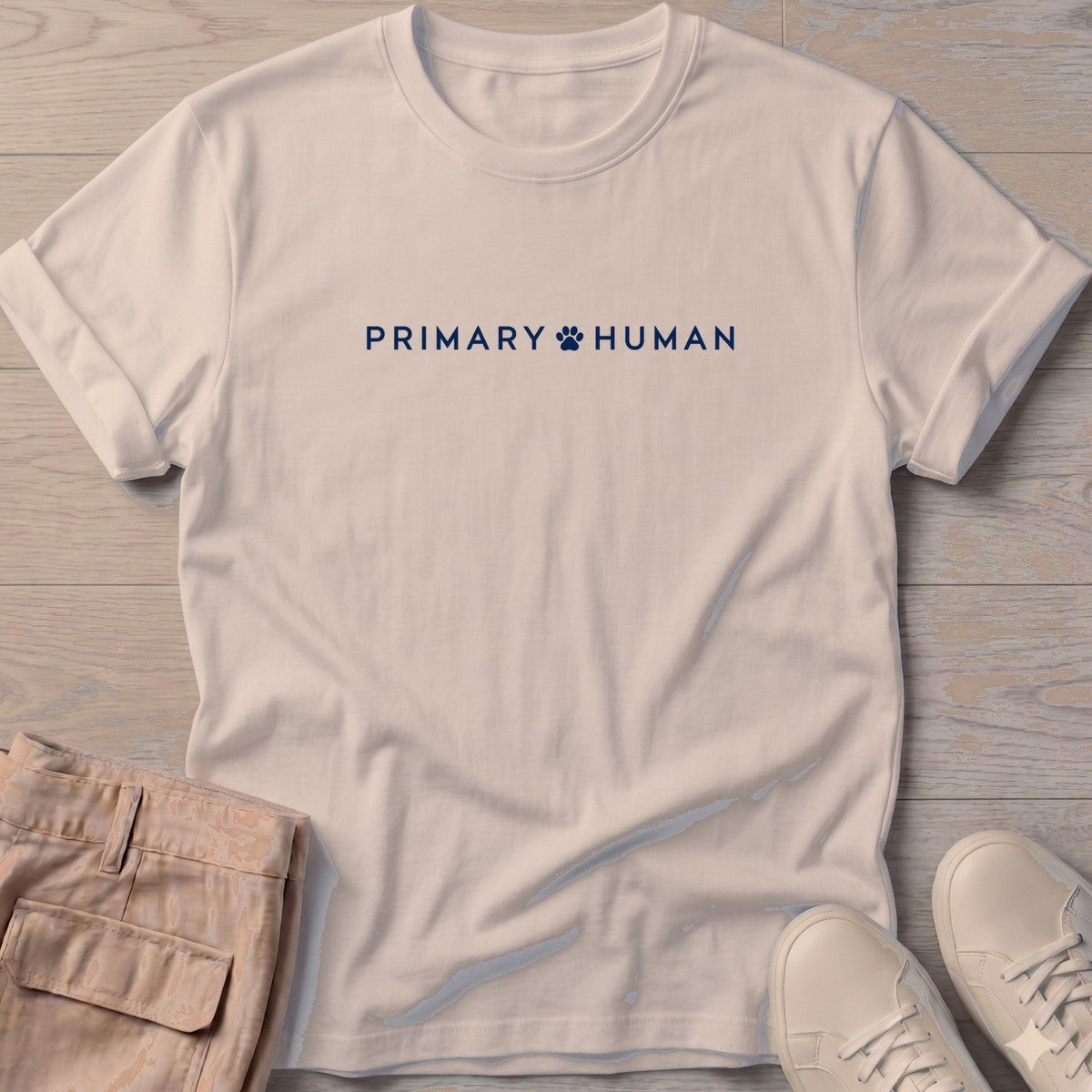 Primary Human T-Shirt in Sand, Salty Paws T-Shirt, front design flat lay