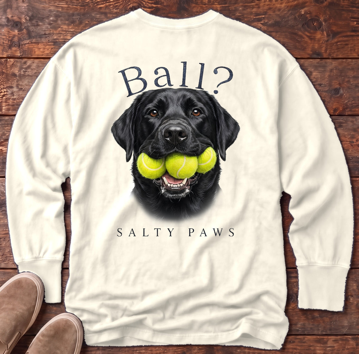 Ball? Black Lab Back Design Long Sleeve Tee in Ivory, Salty Paws Comfort Colors long sleeve tee