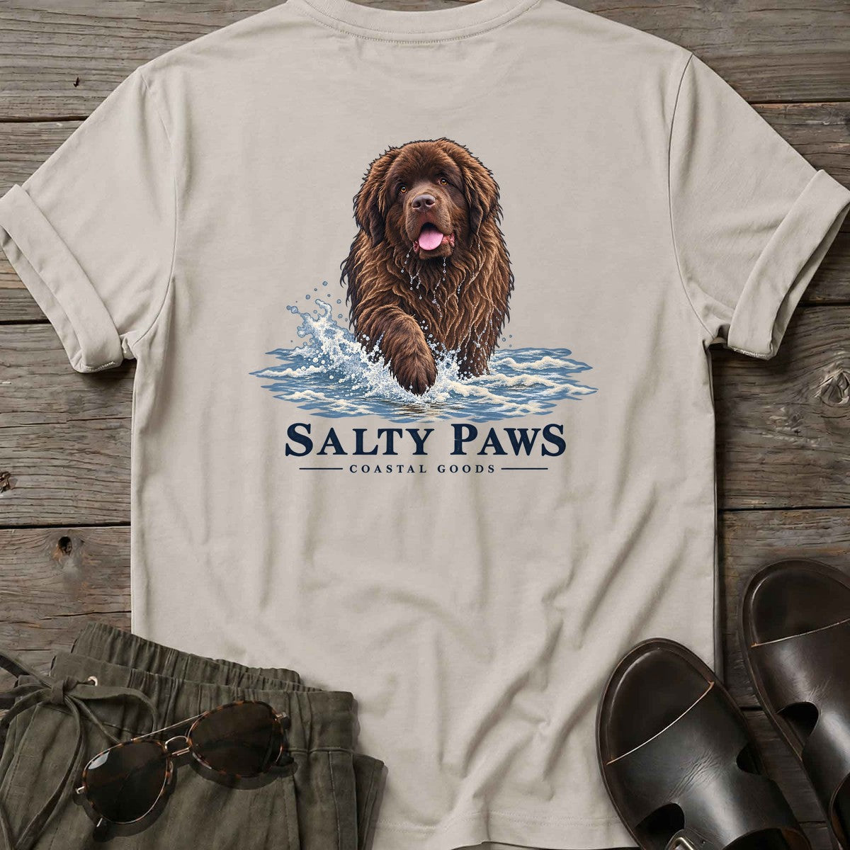Brown Newfoundland Surf Back Design T-Shirt in Ice Grey, Salty Paws T-Shirt, back design flat lay
