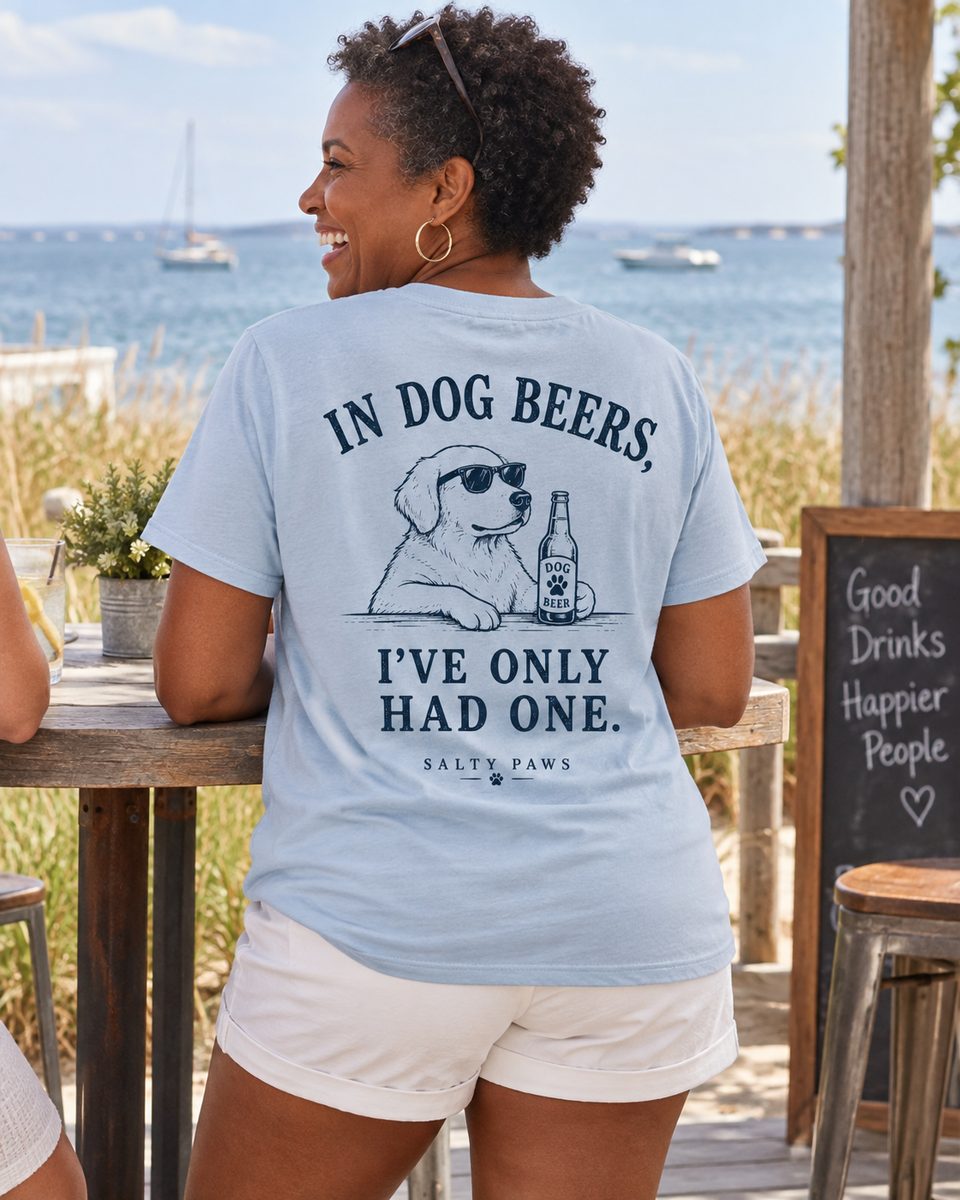Dog Beers Only Had One back design tee in Light Blue, worn