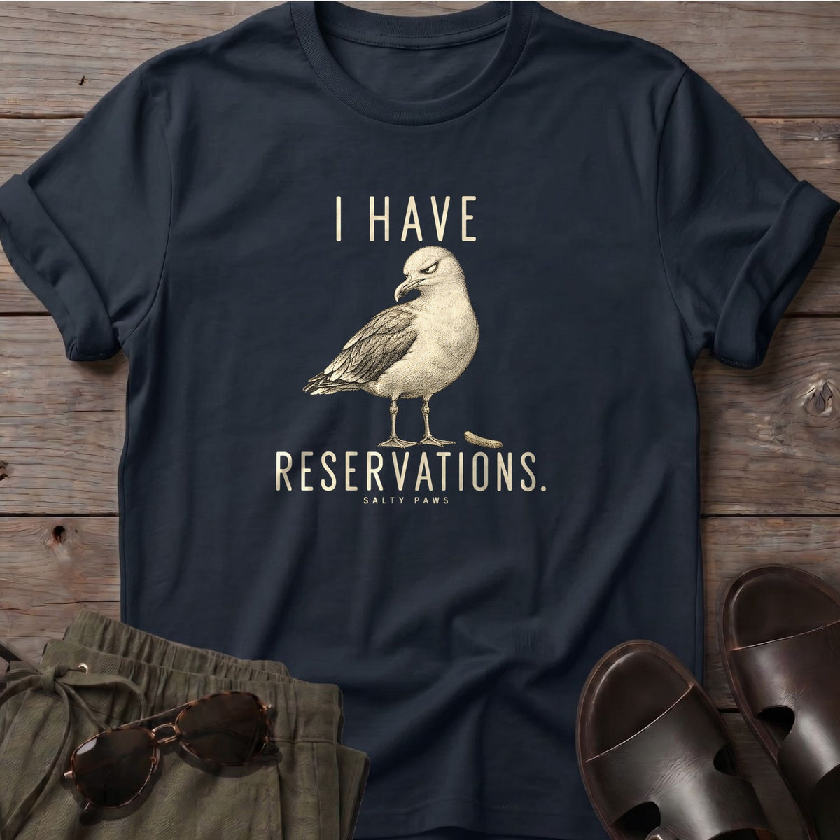 I Have Reservations Seagull T-Shirt in Black, Salty Paws T-Shirt, front design flat lay