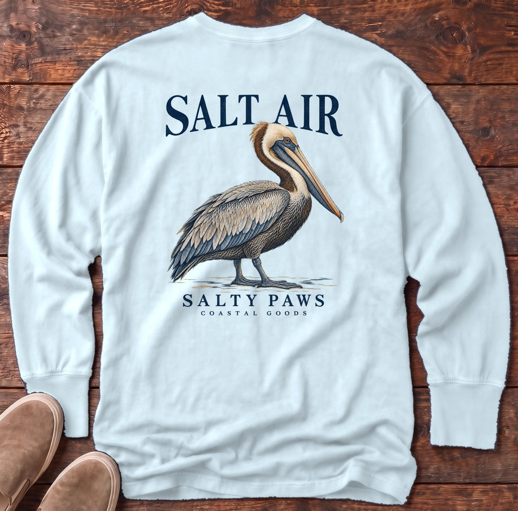 Salt Air Pelican Salty Paws Coastal Goods Back Design Long Sleeve Tee in Chambray, Salty Paws Comfort Colors Long Sleeve Tee, back design flat lay