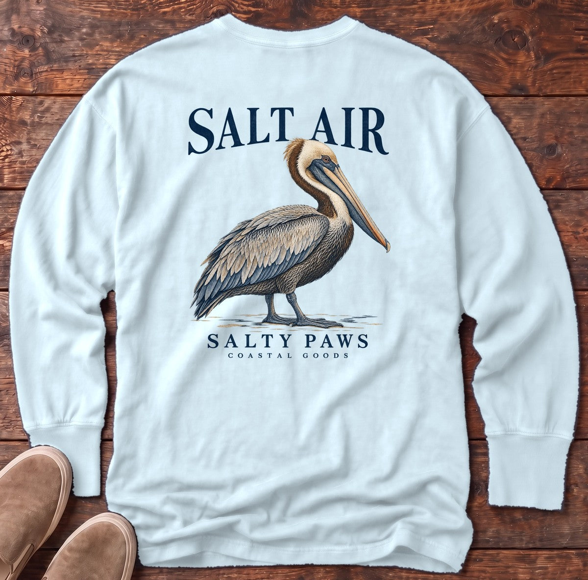 Salt Air Pelican Salty Paws Coastal Goods Back Design Long Sleeve Tee in Chambray, Salty Paws Comfort Colors Long Sleeve Tee, back design flat lay