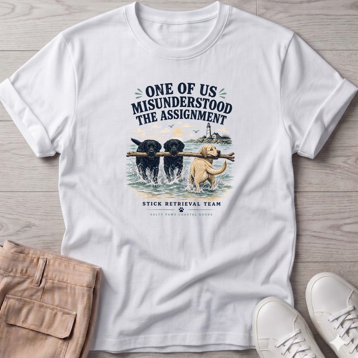 One of Us Misunderstood the Assignment Labs T-Shirt in White, Salty Paws coastal t-shirt