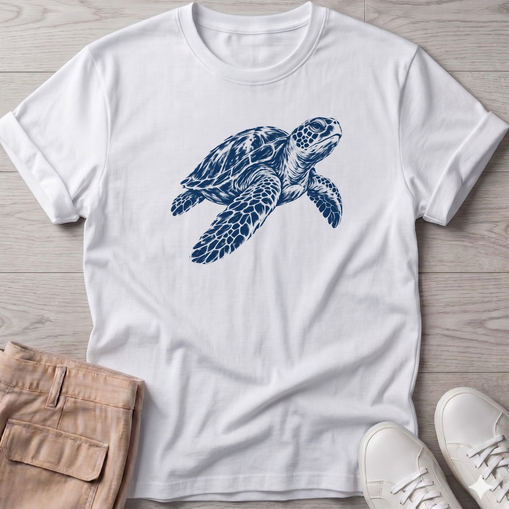 Sea Turtle T-Shirt in White, Salty Paws T-Shirt, front design flat lay