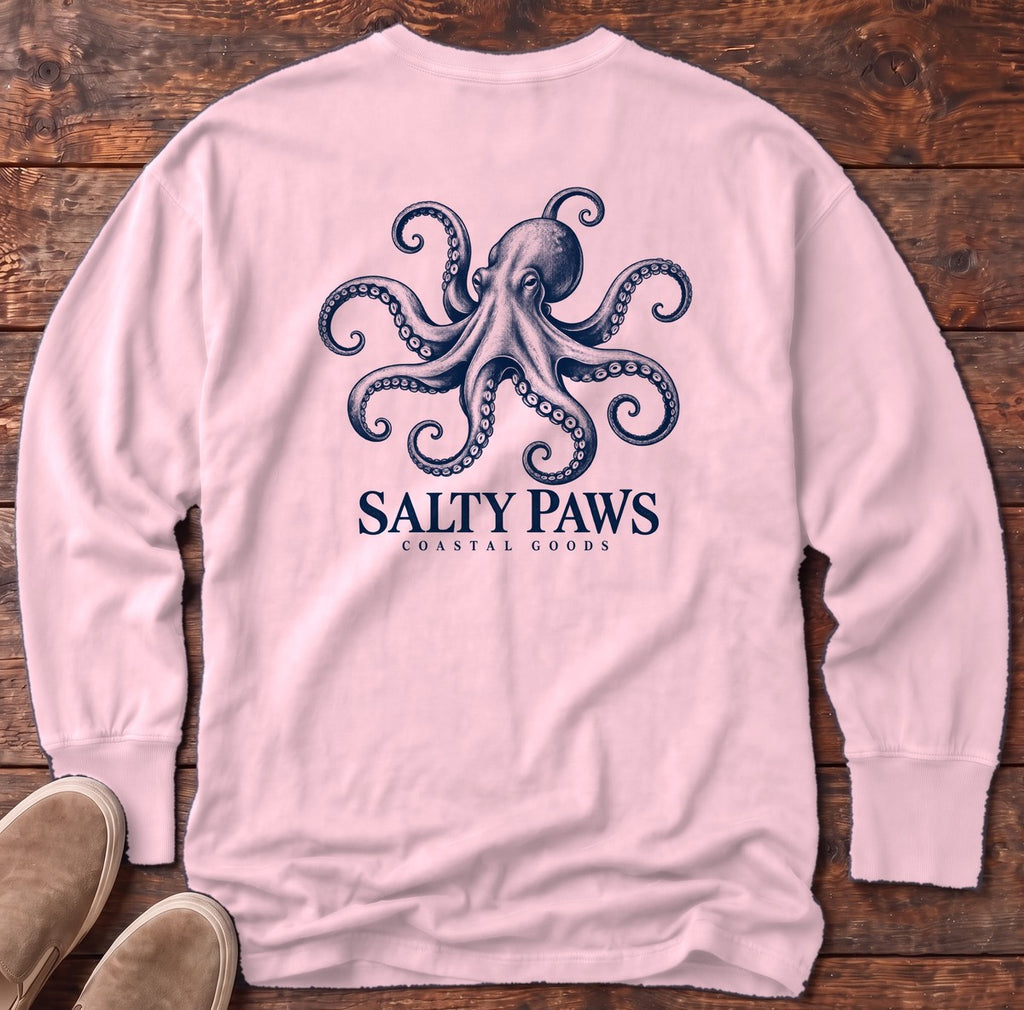 Octopus Coastal Goods Back Design Long Sleeve Tee in Blossom, Salty Paws Comfort Colors Long Sleeve Tee, back design flat lay