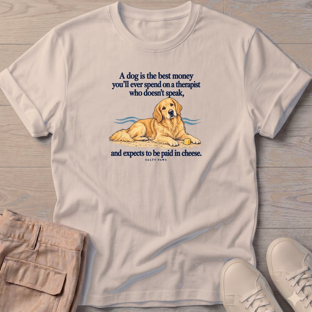 Paid in Cheese Golden Retriever T-Shirt in Sand, Salty Paws T-Shirt, front design flat lay