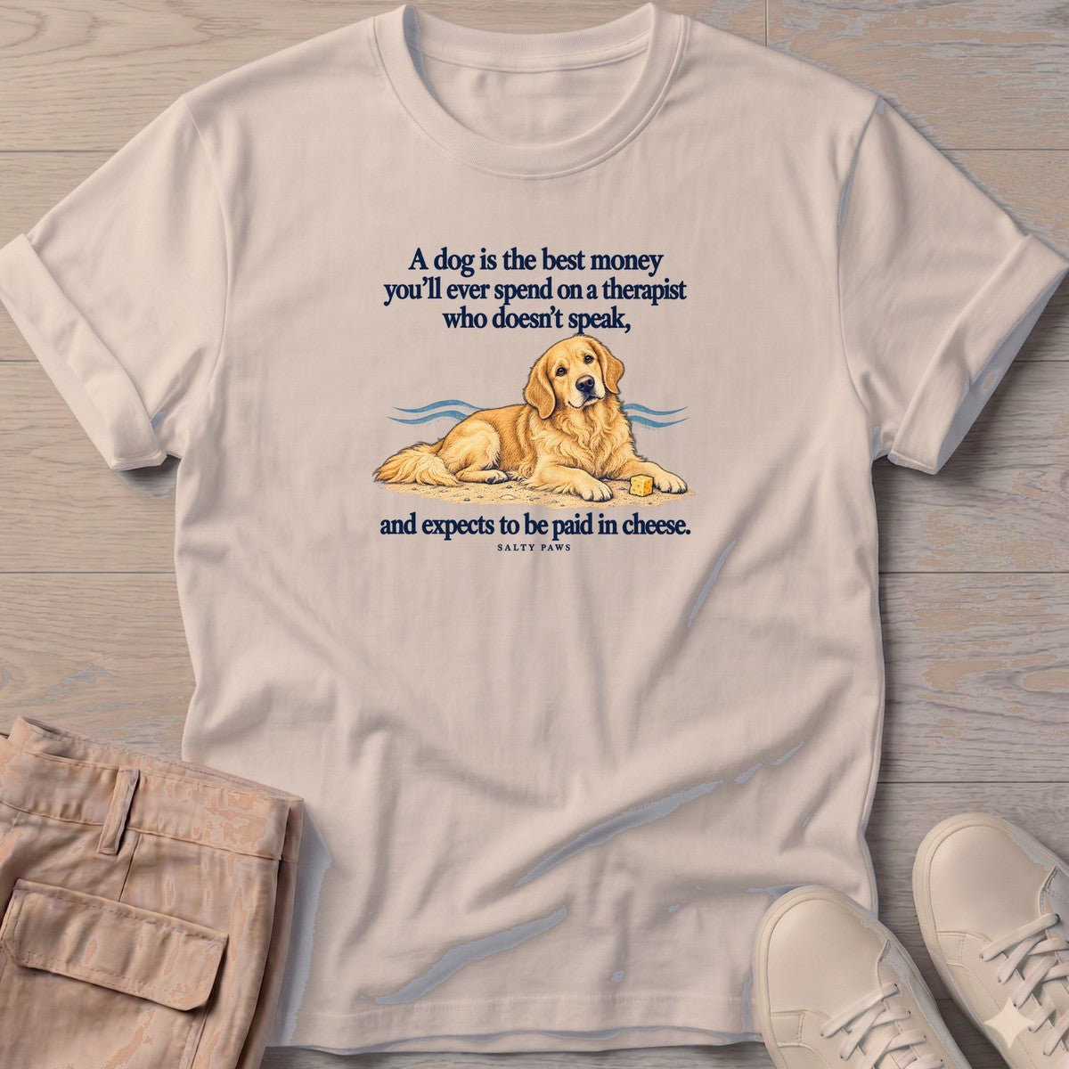 Paid in Cheese Golden Retriever T-Shirt in Sand, Salty Paws T-Shirt, front design flat lay