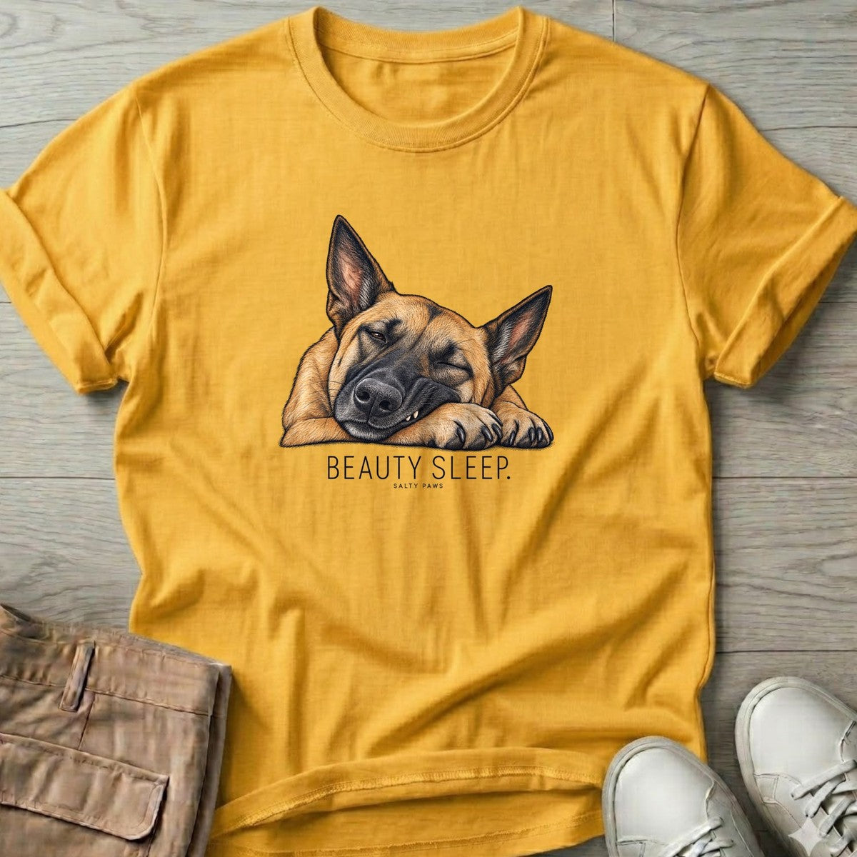 Beauty Sleep Belgian Malinois T-Shirt in Daisy, Salty Paws T-Shirt, front design flat lay