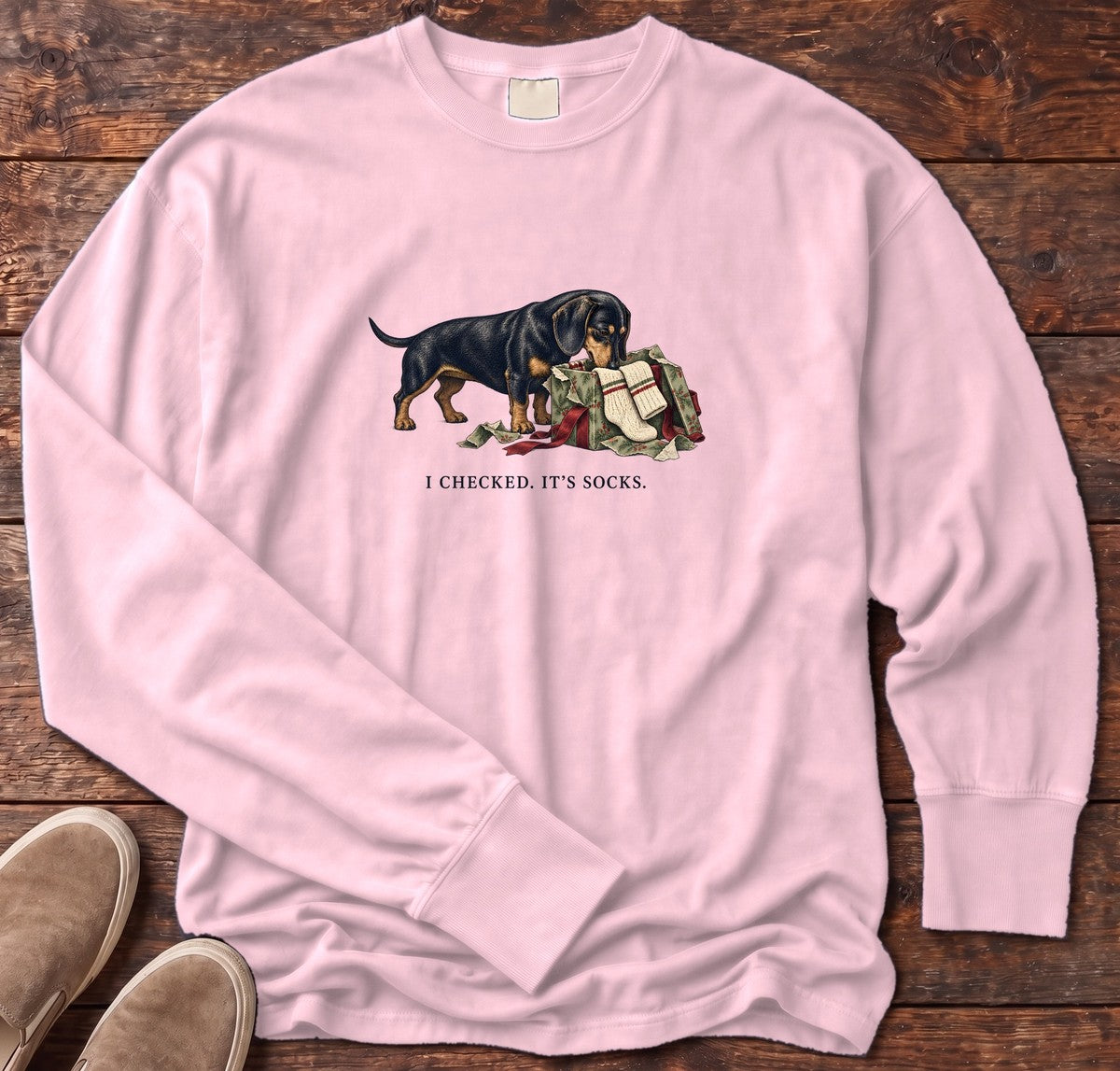 I Checked It's Socks Dachshund Long Sleeve Tee in Blossom, Salty Paws Comfort Colors Long Sleeve Tee, front design flat lay