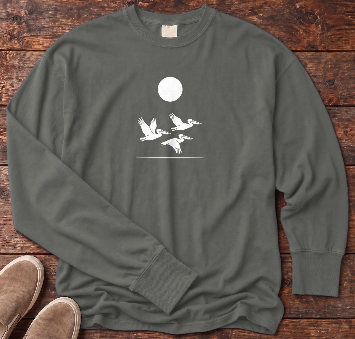 3 Pelicans Long Sleeve Tee in Pepper, Salty Paws Comfort Colors long sleeve tee