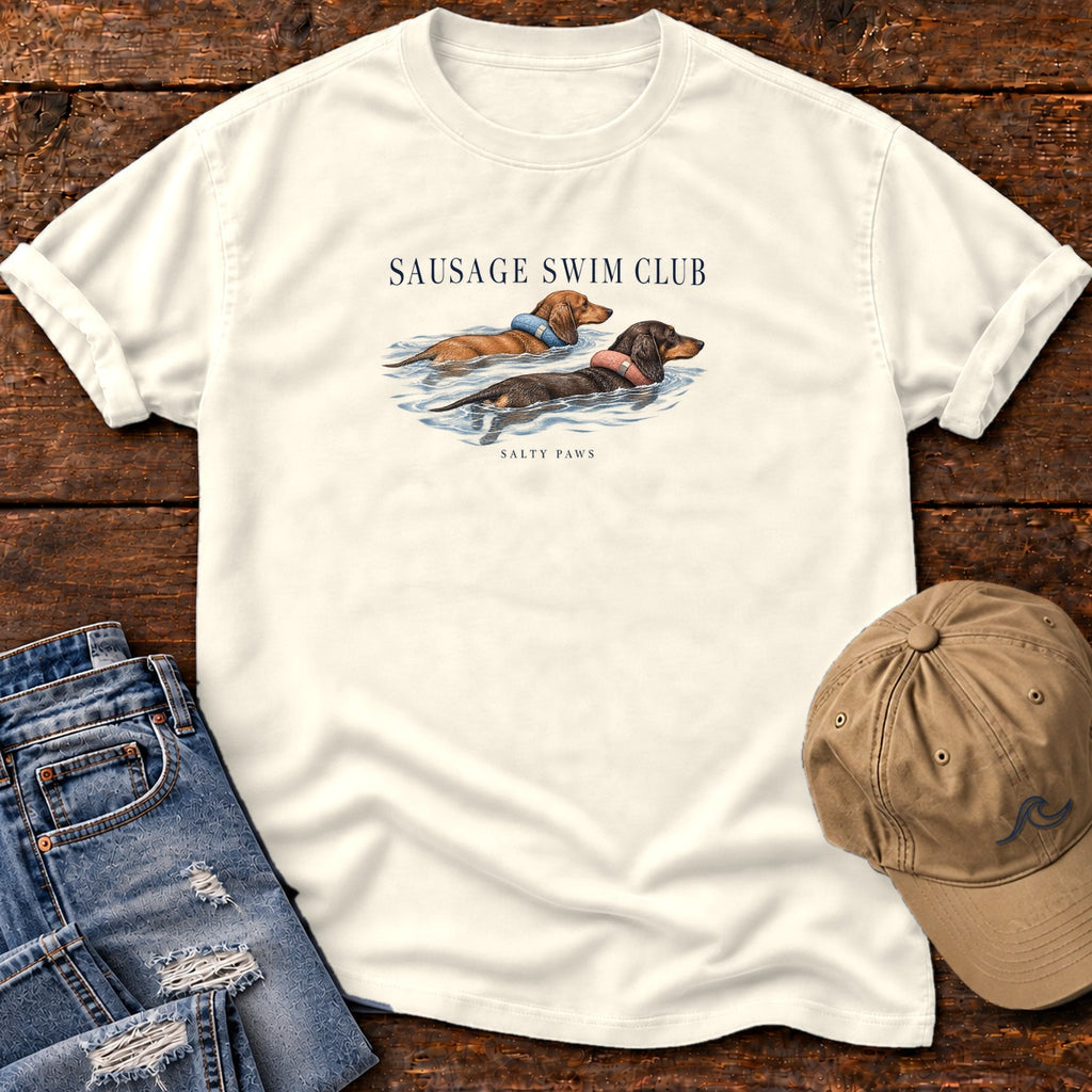 Sausage Swim Club Dachshunds T-Shirt in Ivory, Salty Paws Comfort Colors T-Shirt, front design flat lay