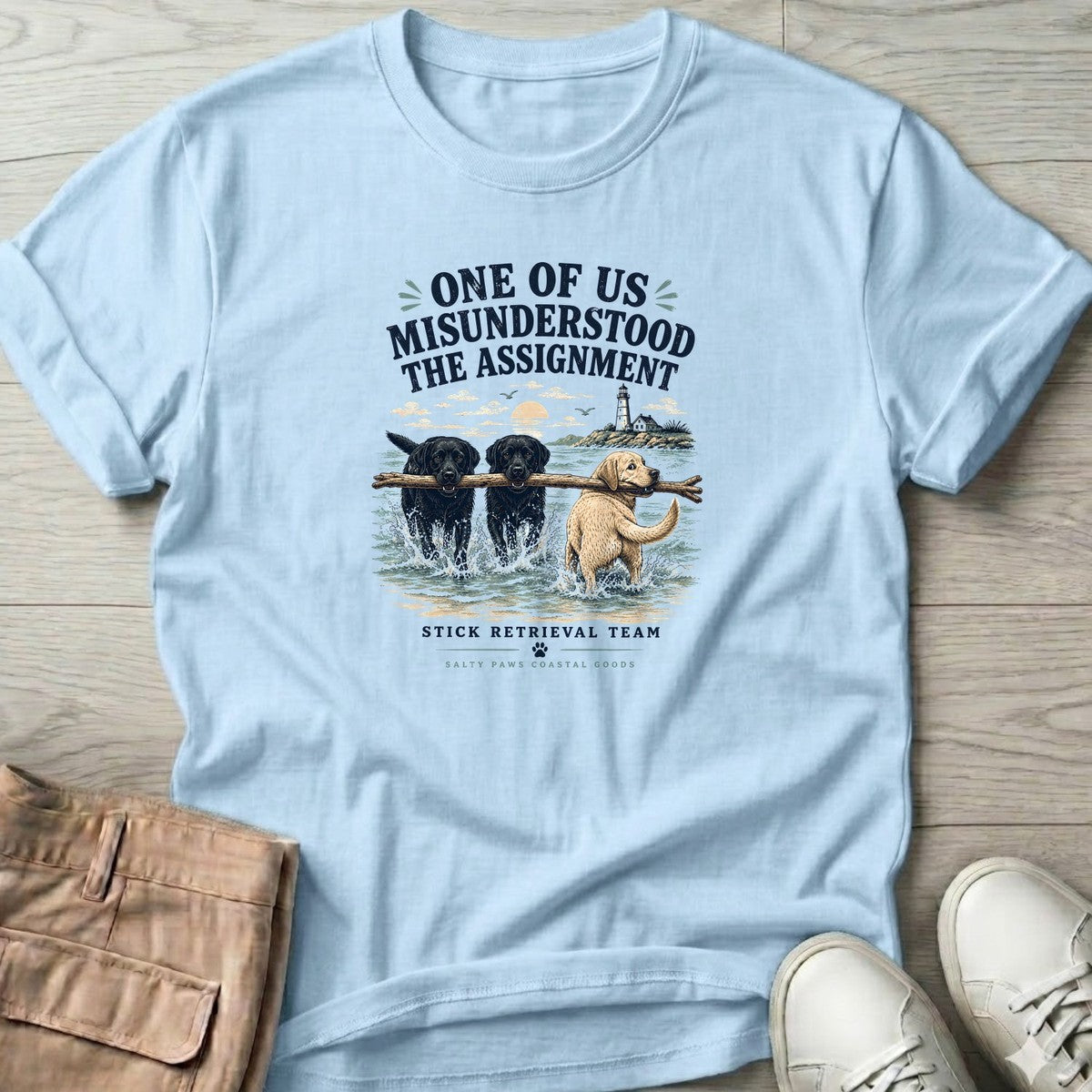 One of Us Misunderstood the Assignment Labs T-Shirt in Light Blue, Salty Paws coastal t-shirt