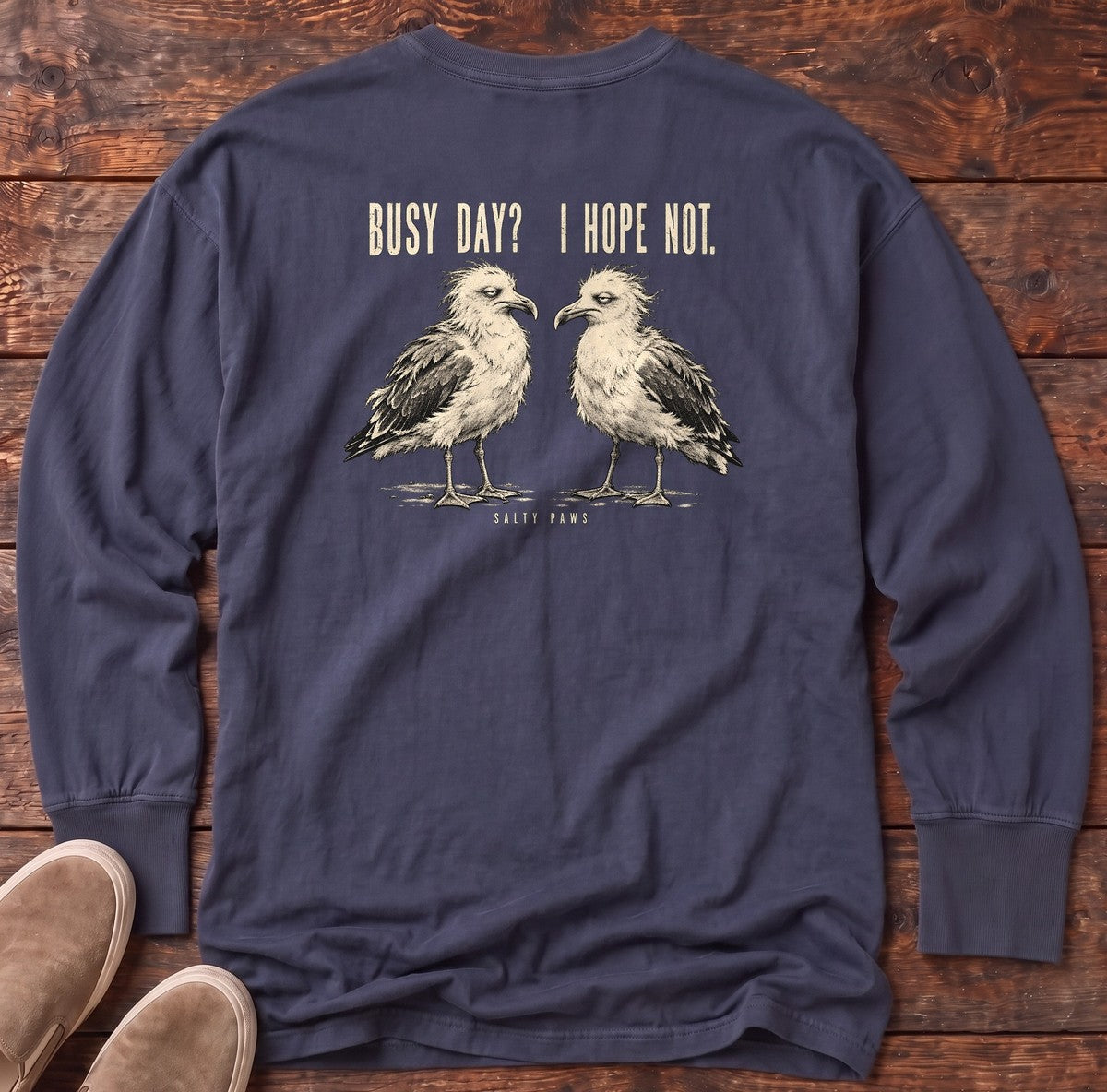 Busy Day Gulls Back Design Long Sleeve Tee in True Navy, Salty Paws Comfort Colors Long Sleeve Tee, back design flat lay