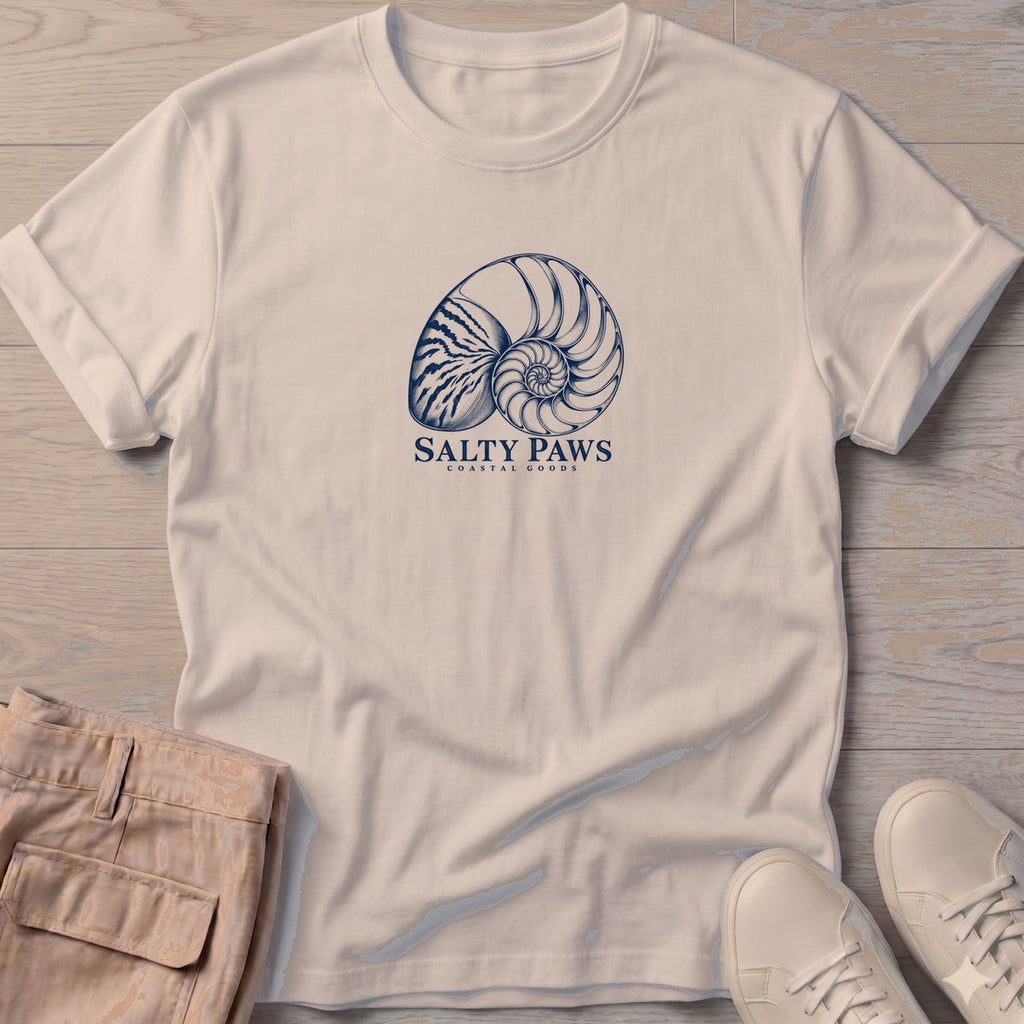 Nautilus Shell T-Shirt in Sand, Salty Paws T-Shirt, front design flat lay