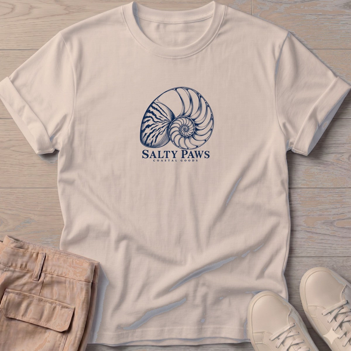 Nautilus Shell T-Shirt in Sand, Salty Paws T-Shirt, front design flat lay